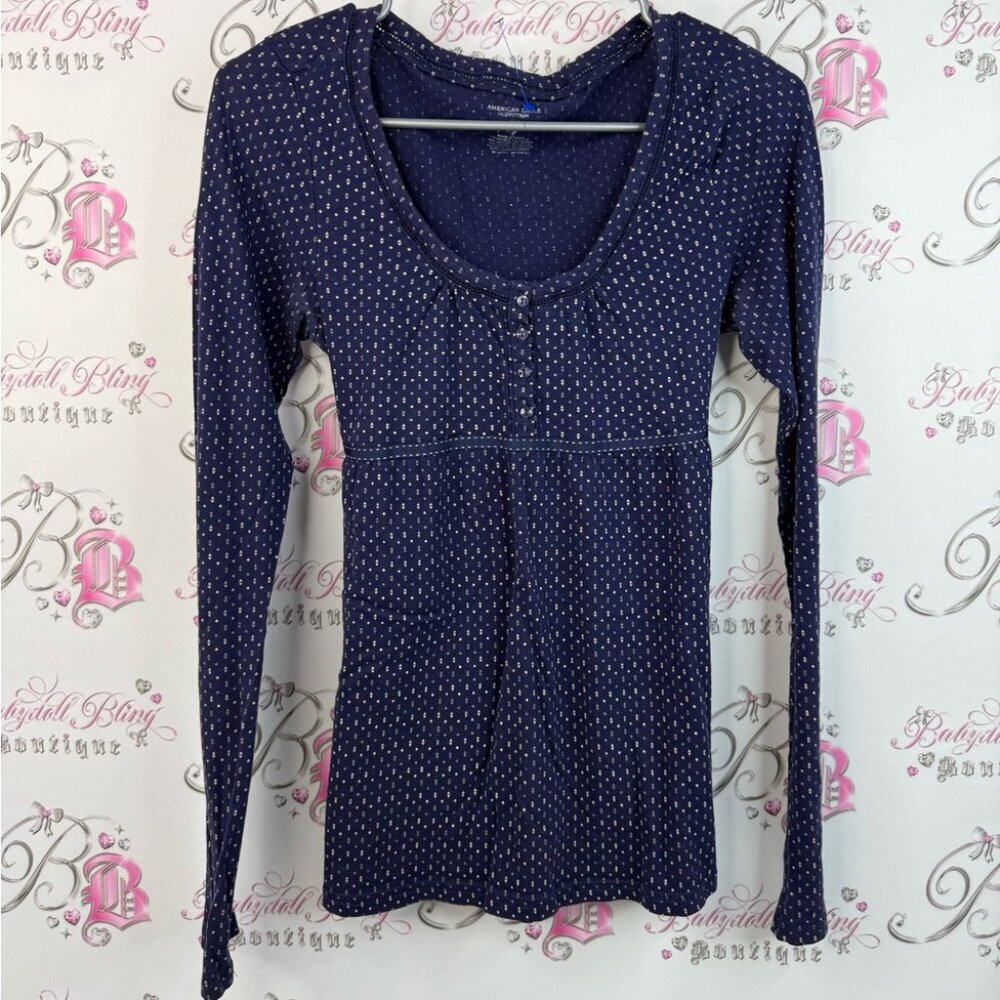 American Eagle Outfitters long sleeve babydoll Polka Dot buttons tie up ribbon